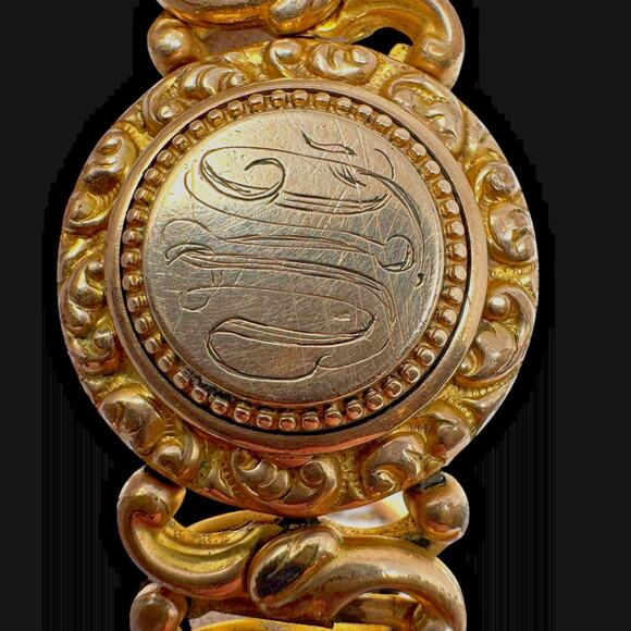 Antique 1905 Minerva Gold Filled Stretch Bracelet Engraved Monogram 27.9g Read - Picture 3 of 13